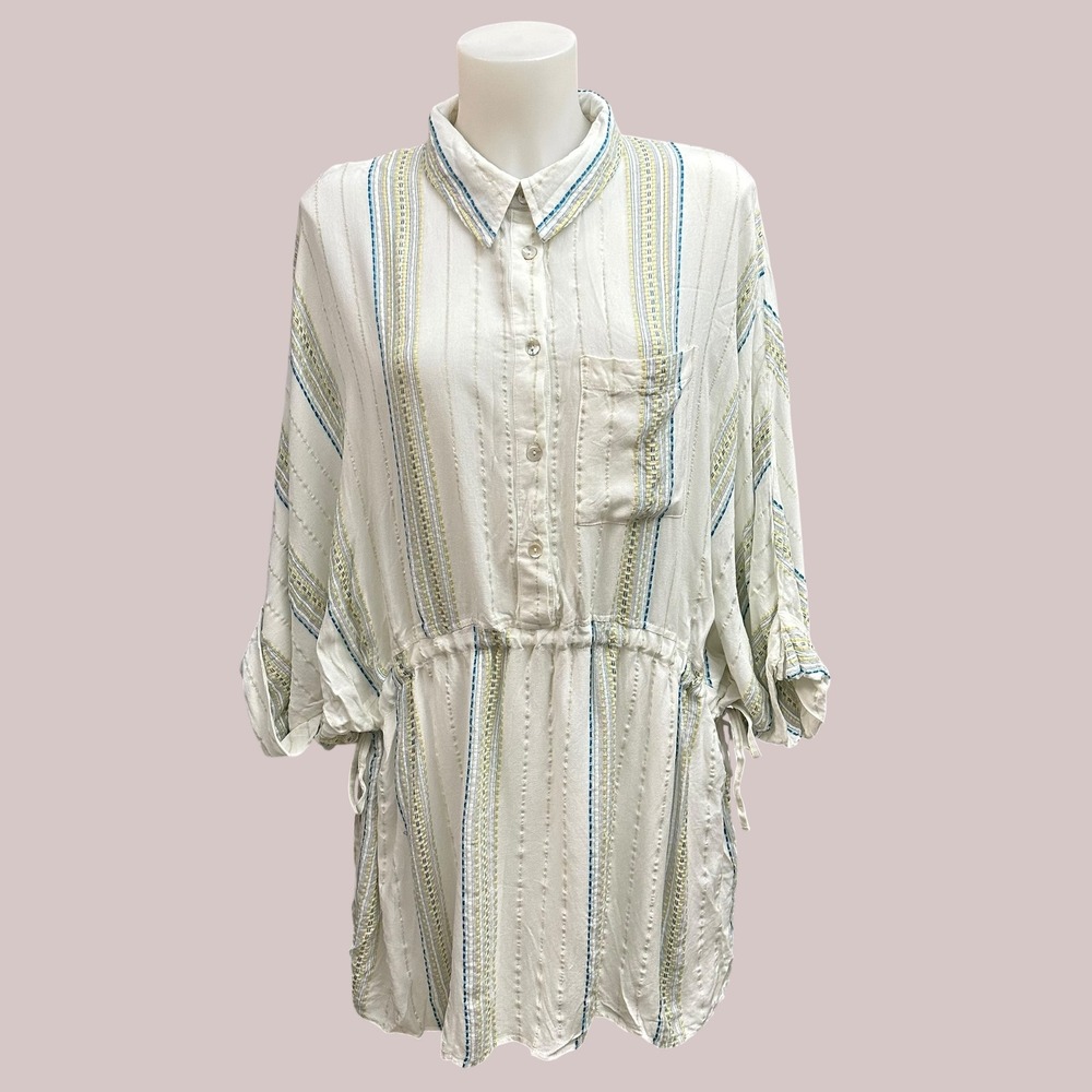 ELAN Aqua White Gold Striped Tunic Cover Up Shirt Cinched Waist - sz Med  NEW